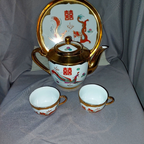 Vintage Gold Trimmed Asian PHOENIX Tea Set (4pcs) Hand-Painted - Picture 1 of 15